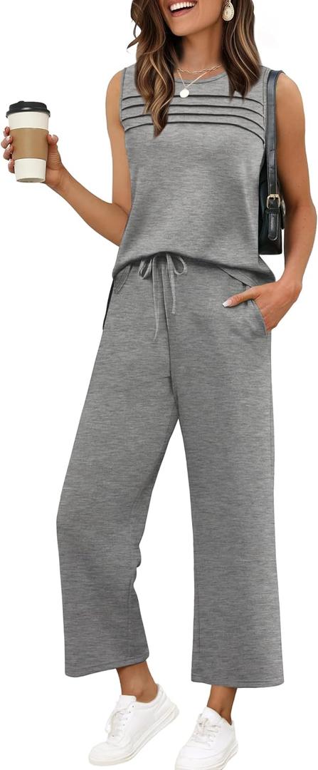 WIHOLL Two Piece Sets for Women Summer Outfits Matching Lounge Sets Wide Leg Crop Pants Vacation Travel (Medium, Gray)