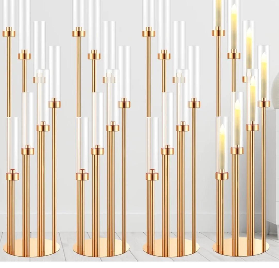 Tessco 4 Sets Gold 7 Arm Floor Candelabra 46.5'' Tall Floor Candle Holders Metal Candle Holders with Acrylic Lampshade Candlestick Centerpiece for Electronic Wedding Home Party Decoration