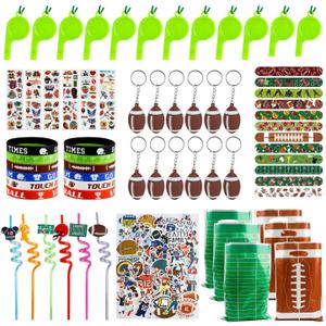 142Pcs Football Party Supplies Serves 12 People,Football Themed Party Favors with Whistles, Slap Bracelet, Tattoo Stickers, Silicone Bracelet, Keychains, Plastic Straws, Gift Bags