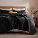 LEAONME Velvet Quilt King Size 98''x106'', Lightweight Black Velvet Comforter Set with 2 Matching Shams, Soft Cross Stitch Bedspread Coverlet Bedding Set for All Season