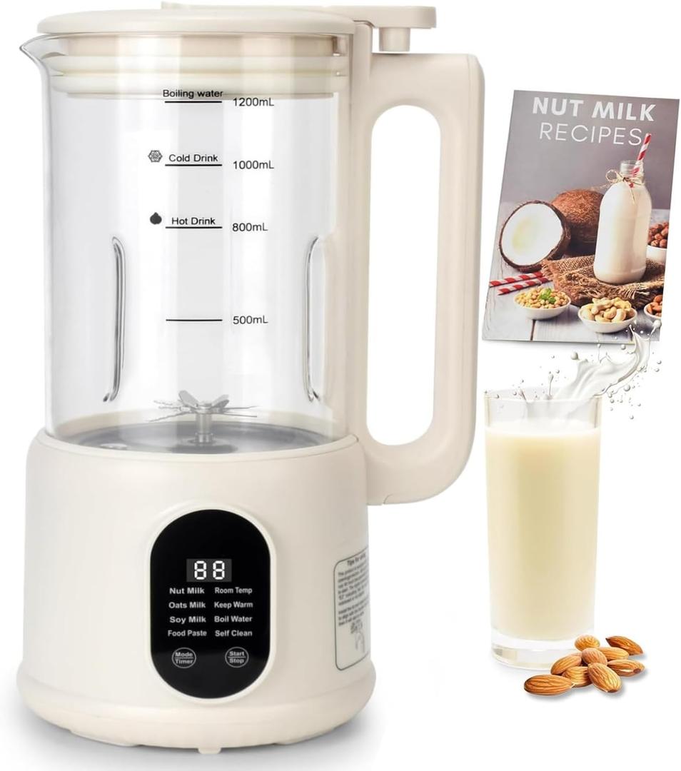Nut Milk Maker, 40 Oz 8 in 1 Homemade Automatic Plant-Based Milk, Soy Milk, Oat Milk, Almond Milk & More Multifunctional/12 Hours Timer/Auto-Clean/Room Temp/Keep Warm/Boil/Room Temp/Low-Noise (creamy white)