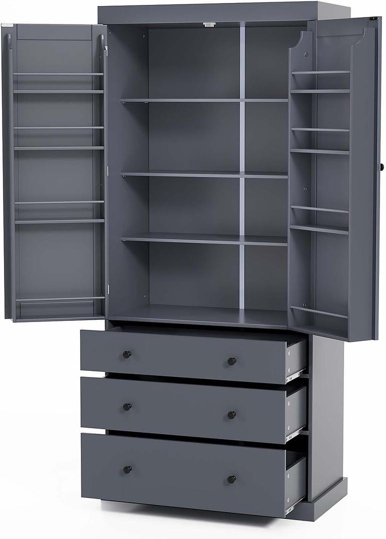 77" Tall Kitchen Storage Cabinet Pantry Wood Freestanding Large Cupboard with 3 Drawers,3 Adjustable Shelves,8 Door-Shelf for Dining Room,Grey