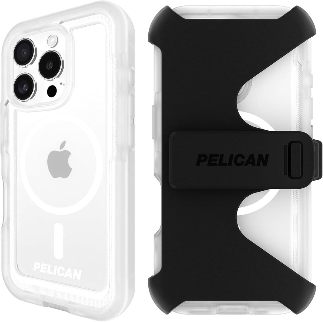 Pelican Voyager iPhone 16 Pro Case [Compatible with MagSafe] Rugged Phone Case w/ 18ft Military-Grade Drop Protection - Heavy Duty Phone Cover w/Belt Clip Holster for iPhone 16 Pro - Clear
