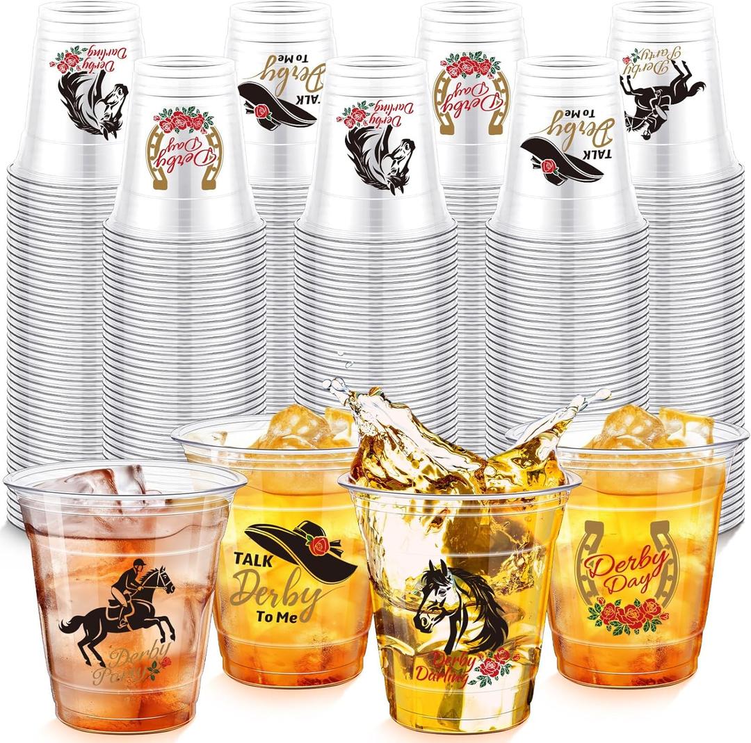 200 Pack Derby Day Plastic Cups Bulk Horse Racing 10 oz Clear Disposable Mint Julep Cups for Rose Derby Party Supplies Decorations