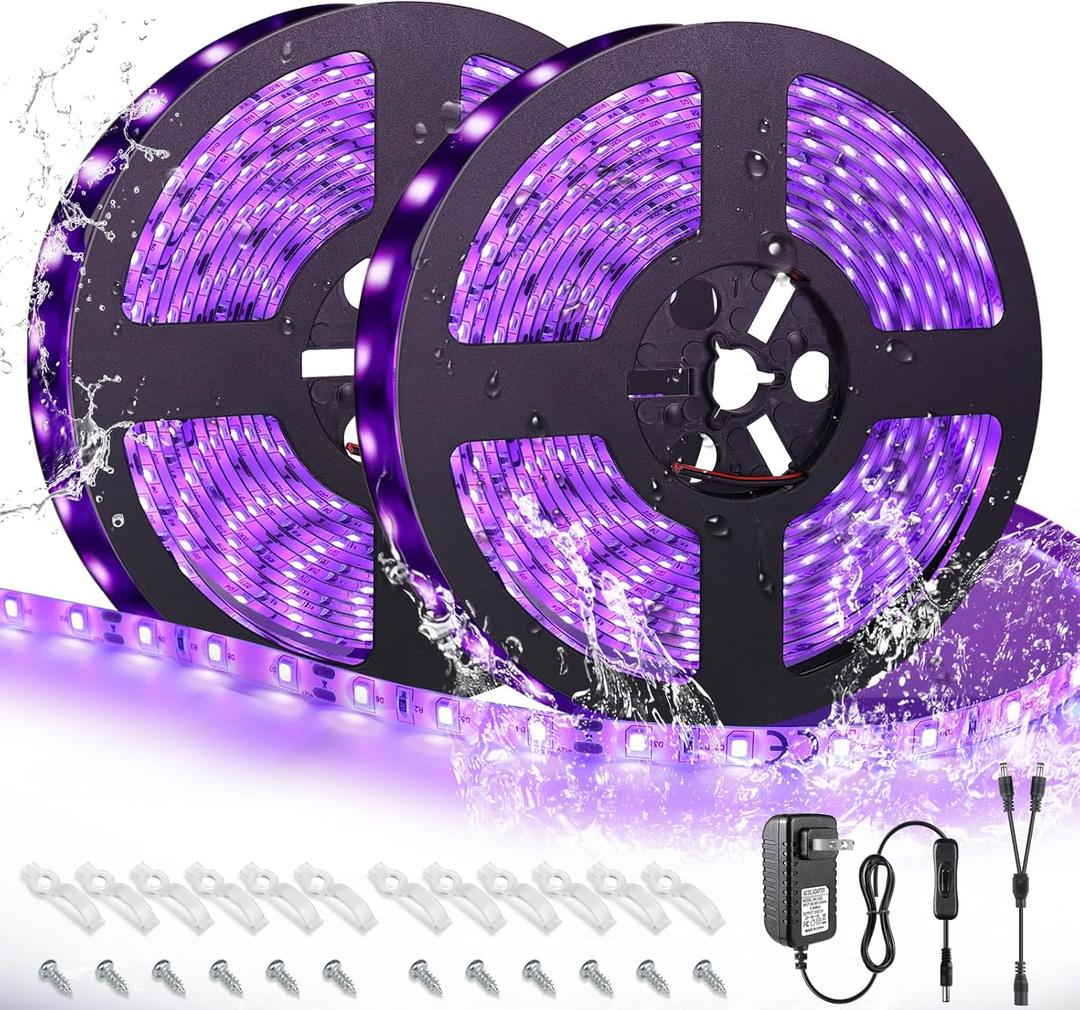 LED UV Black Light Strip Kit, Ultraviolet Waterproof IP65 32.8FT/10M 3528 600LEDs, 395nm-405nm Blacklight for DJ Bar Club Party Decor Night Fishing with 12V Power Supply