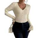 Women's V Neck Lace Long Sleeve Sweater Pearl Beaded Rib Knit Top, Large