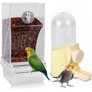 Automatic No Mess Bird Feeder & Water Dispenser for Cage, Parakeet Cage Accessories, Bird Water Feeder for Parrots Cockatiels Budgies Finches Canaries