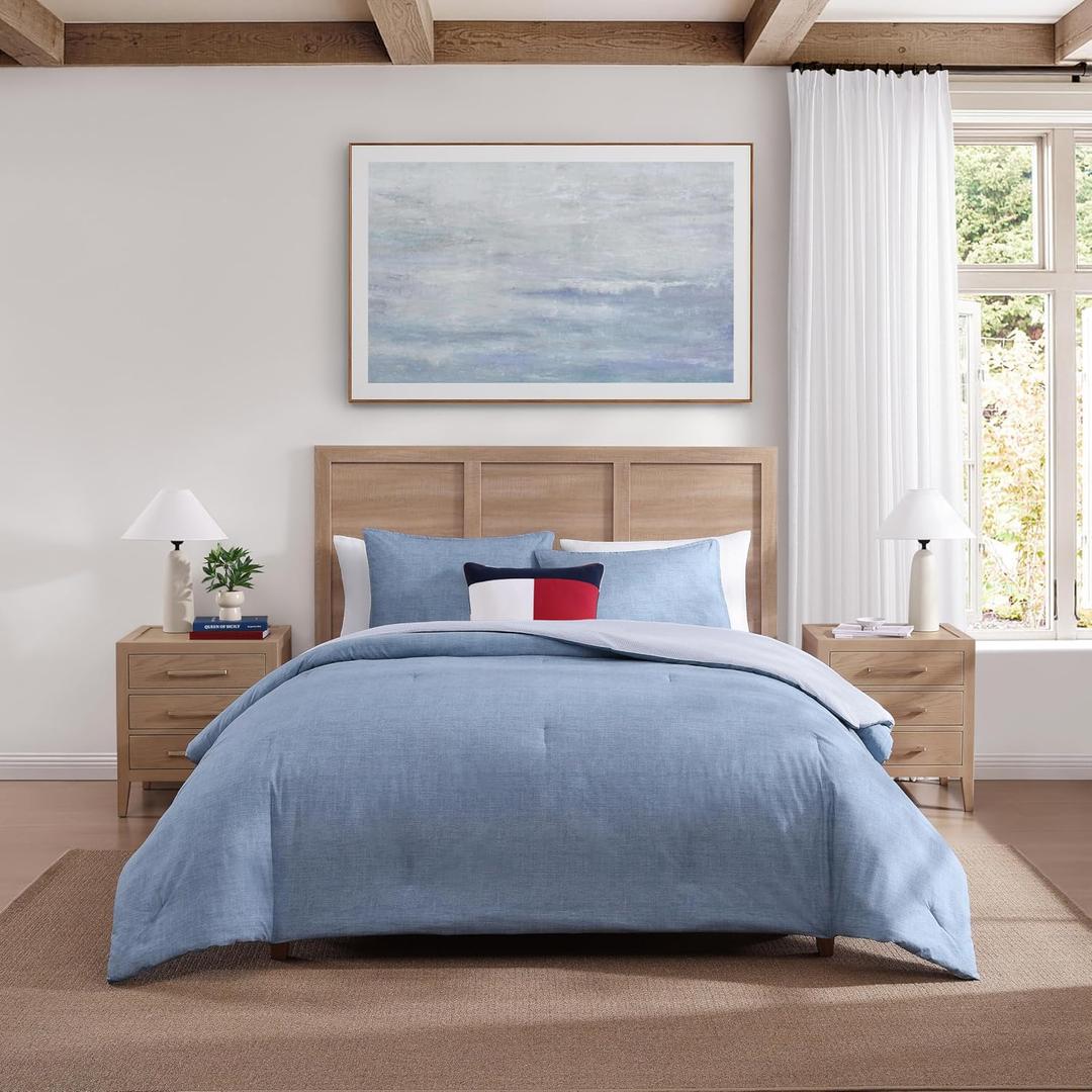 Tommy Hilfiger - King Comforter Set, Textured Cotton Plain Weave Bedding with Matching Shams, Reversible, Medium Weight for Year-Round Use, Oeko-Tex Certified (Medium Blue)