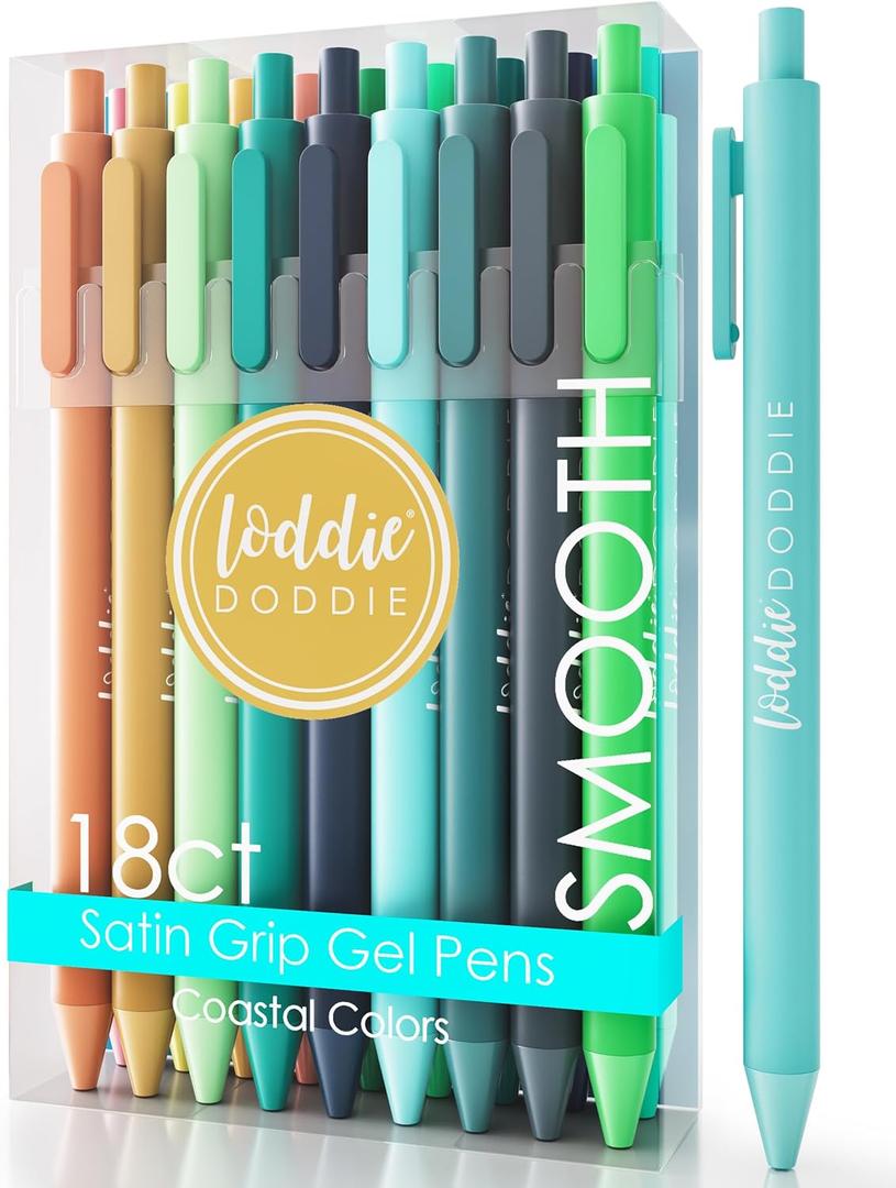 Loddie Doddie Retractable Colored Gel Pens - 18-Pack, 0.7 mm, Coastal Satin - Smooth-Glide Pens for Journaling - Precision Fine Tip Markers - Vibrant Pastel Color Markers for Bullet Journal Supplies