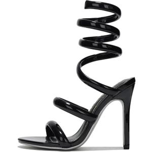 Cape Robbin Women's Spiral Coil Ankle Wrap Heels - Patent Metallic Stiletto Sandals 4 Inch - Sleek Coil Wrap High Heels Open Round Toe Evening Shoes (Faydra) (10, Black)