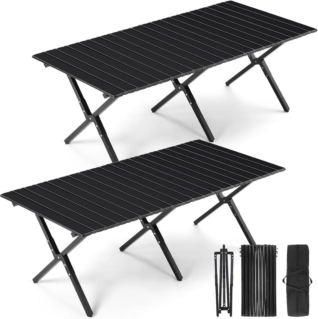 Suzile 2 Pack 4FT Folding Camping Table, Roll Up Portable Camp Table with Carry Bag, Low Collapsible Lightweight Aluminum Outdoor for Camping, Picnic, Beach, Patio, Kitchen(Black)
