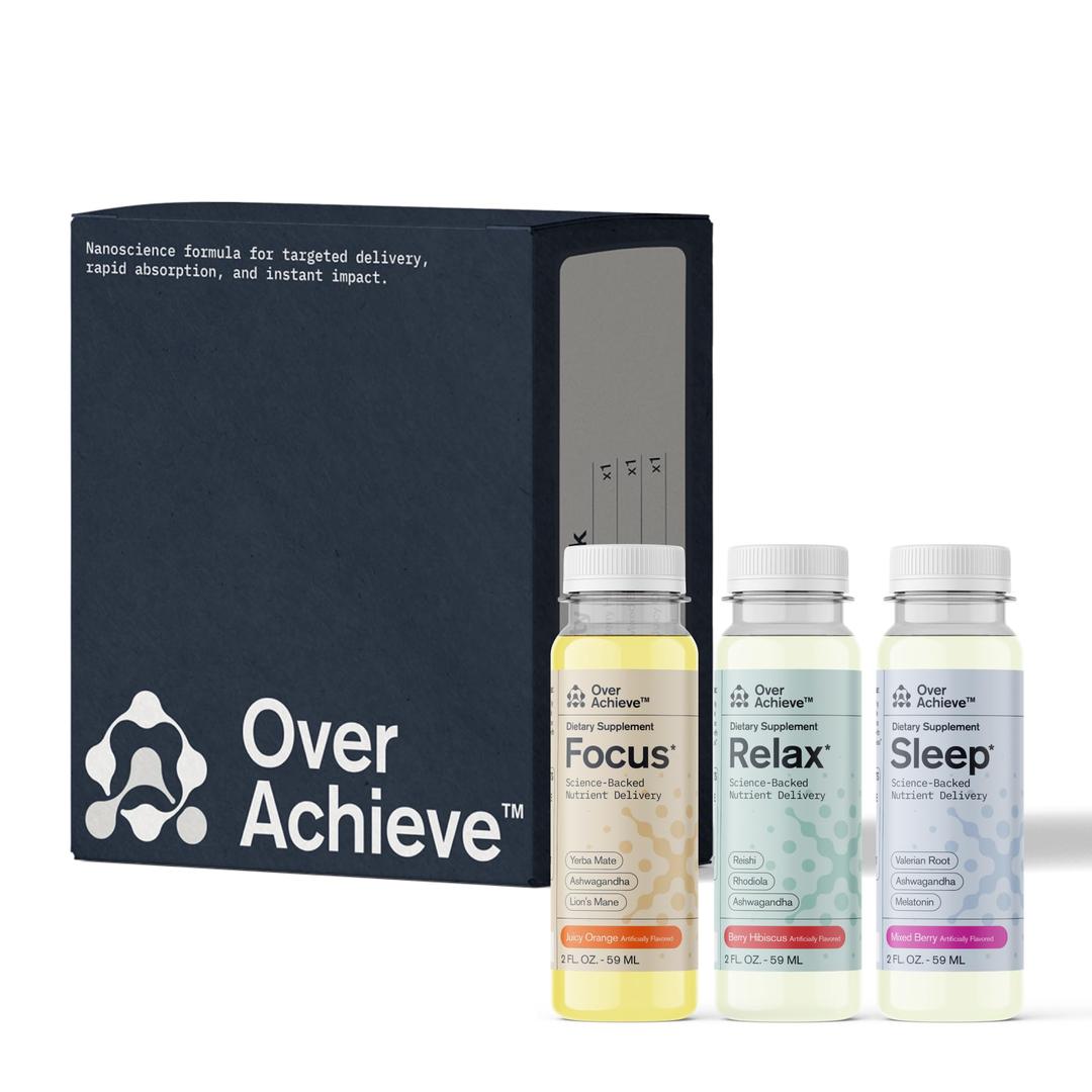 OVERACHIEVE Supplement Variety Pack with Advanced Nanoscience Technology, 12 Pack, Stress Calming Relax Drink, Sleep Aid Drink, Nootropic Brain Supplement Focus Drink, 2 oz Shot 01/31/26