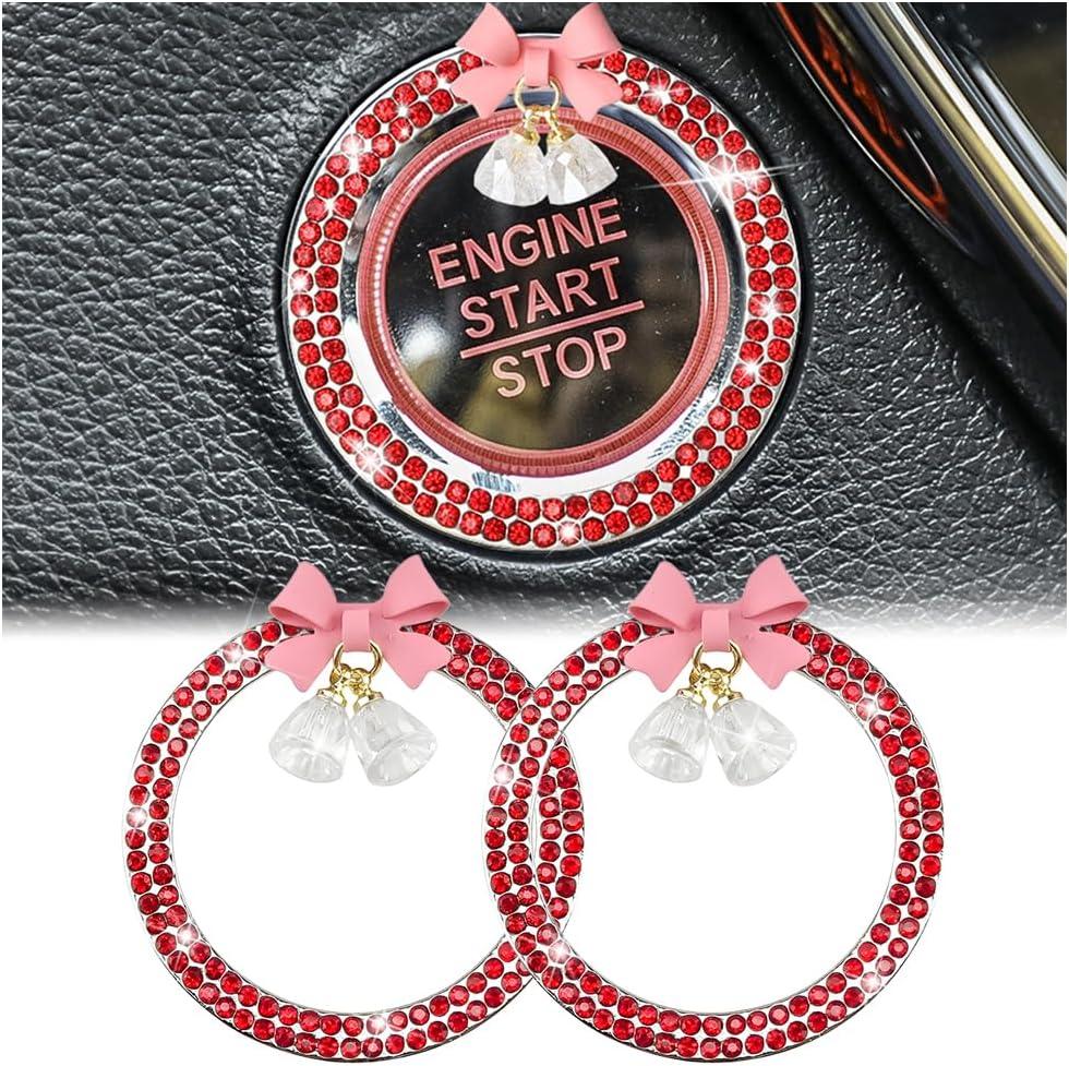 Bling Car Engine Start Ring Stickers, 2PCS Crystal Rhinestone Bow Vehicle Push Start Stop Button Cover, Auto Key lgnition Knob Decals for Women Girls, Universal for SUV RV Truck (Red)