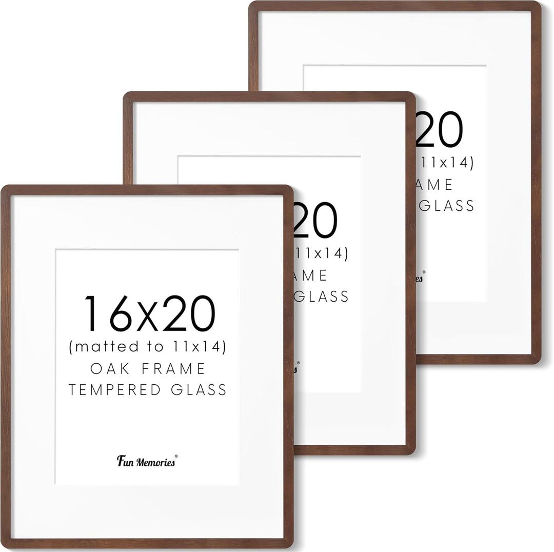 16x20 Picture Frame for Wall, Solid Oak Wood 16 by 20 Frames, 16 x 20 Poster Frame with Tempered Glass, 16x20 Frame Matted to 11x14, 16"x20" Wood Frame for Home Decor, Walnut Color, 3 Pack (Walnut, Round Corner)