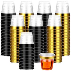 Funnymoom 100 Pack 1oz Gold Black Rimmed Plastic Shot Glasses Mini Plastic Wine Drinking Shot Cups Clear Disposable Party Cups Tasting Sample Containers for Weddings Graduation Engagement Whiskey