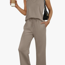 WIHOLL Two Piece Sets for Women Summer Outfits Matching Lounge Sets Wide Leg Crop Pants Vacation Travel L, Brown
