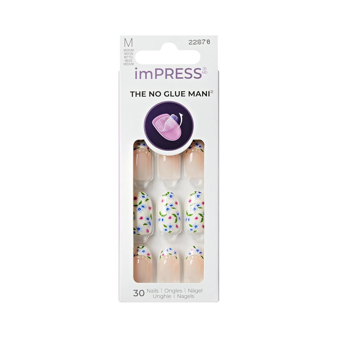 Kiss Impress No Glue Mani Press On Nails, Design, 'Hoppy Mood', Multicolor, Medium Size, Oval Shape, Includes 30 Nails, Prep Pad, Instructions Sheet, 1 Manicure Stick, 1 Mini File