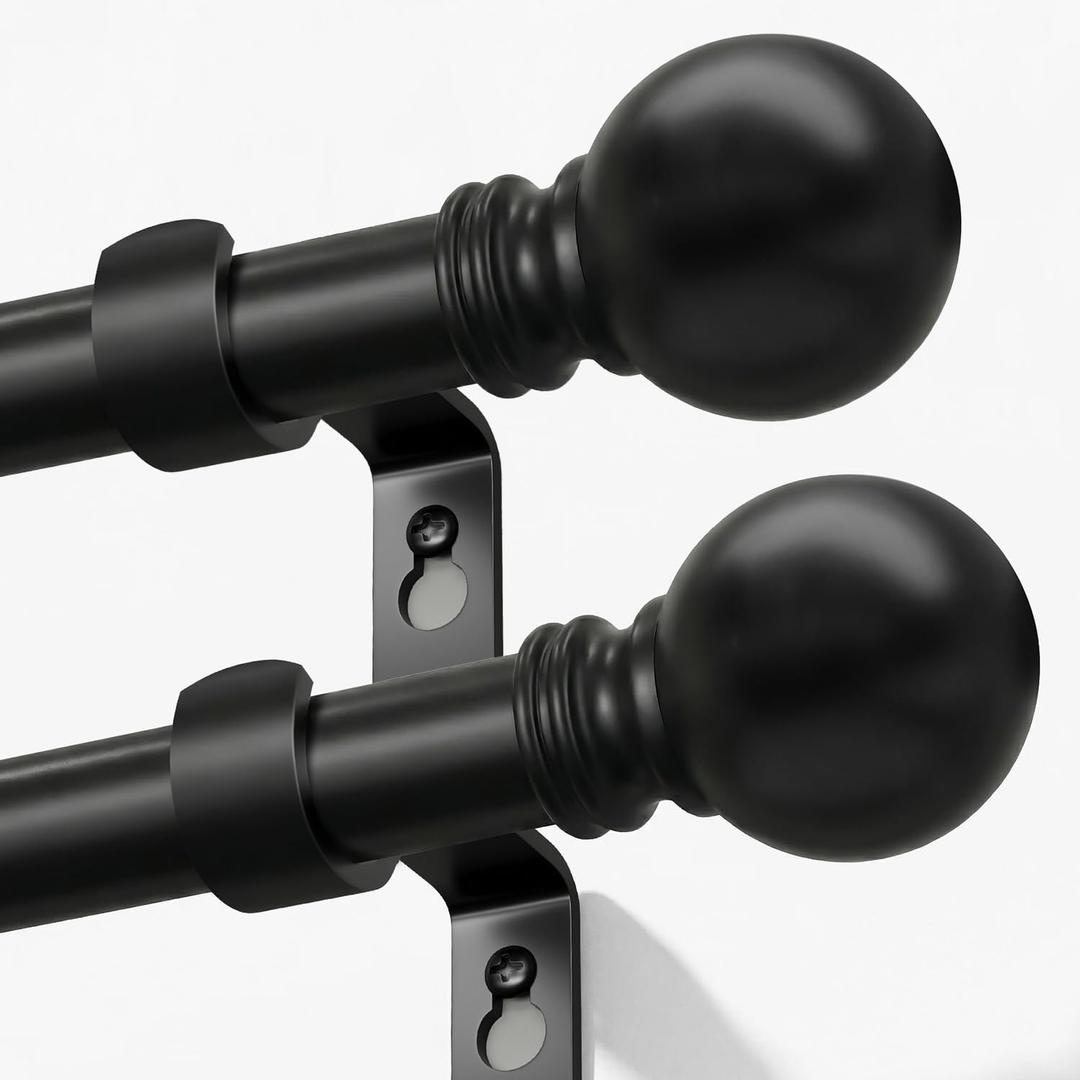 Modern Black Curtain Rods 2 pack for Windows 28 to 48 Inches Adjustable Length Heavy Duty 1" Diameter Short Window Curtain Rod with Round Decorative Finials for Bedroom Living Room Kitchen Farmhouse