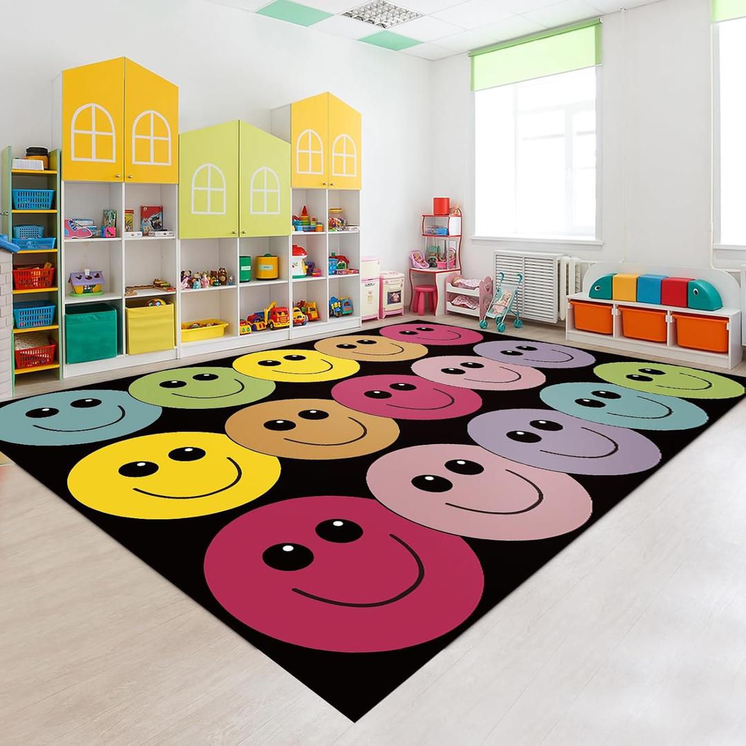Rainbow Smile Face Educational Area Rug Large Black Multicolor Play Carpet Classroom Rug Children's Classroom Carpet Pastel Rug for Kids Teaching and Playroom, 5' x 7'5" Rainbow Smile Face Educational Area Rug Large Black Multicolor Play Carpet Classroom Rug Children's Classroom Carpet Pastel Rug for Kids Teaching and Playroom, 5' x 7'5"