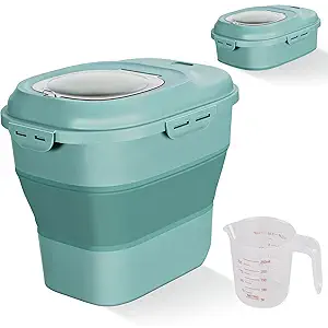Cereal Rice Food Storage Containers, Collapsible 20 to 50 Lbs Dispenser Bin with Rolling Wheel Airtight Locking Lid, Dog Pet Cat Flour Sugar Plastic Leakproof Sealable Large Kitchen Pantry Holder