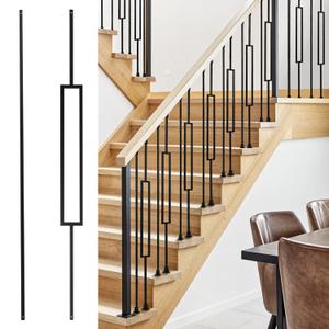 WICHEMI 16 Pack Iron Balusters for Staircase Interior, 44" x1/2" Rectangular Hollow Metal Stair Spindles for Indoor Deck with 64 Fixed Swivel Shoes - 8 Hollow,8 Straight (Picture Frame-Black)