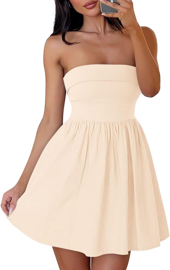 ZESICA Women's Summer Strapless Mini Dress 2026 Casual Off Shoulder A Line Swing Boho Beach Vacation Party Short Dresses (Beige, L)