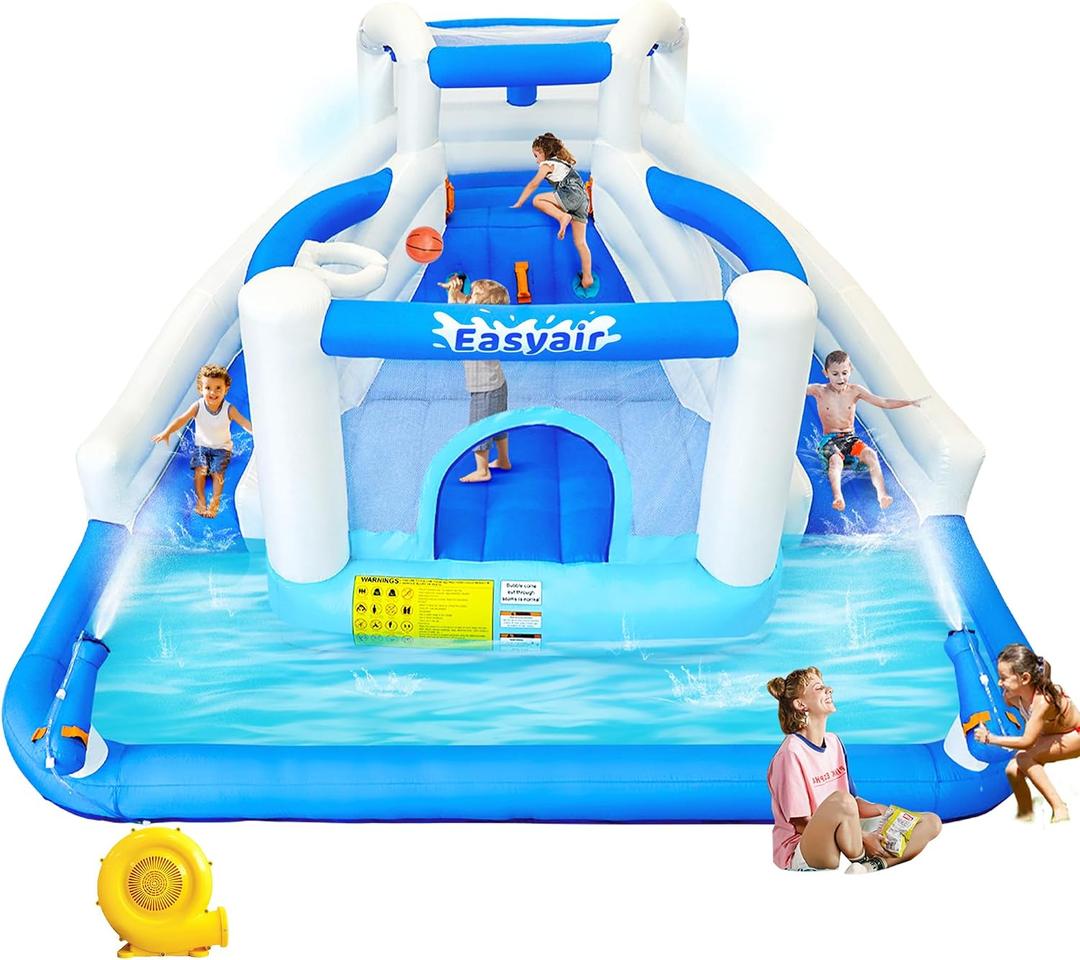 Inflatable Bounce House for Kids, 12.1 FT x 10.3 FT Small Blow Up Water Slide for Backyard, Dual Slides, Bouncy Castle, Climbing Wall, Basketball Hoops, Included Blower