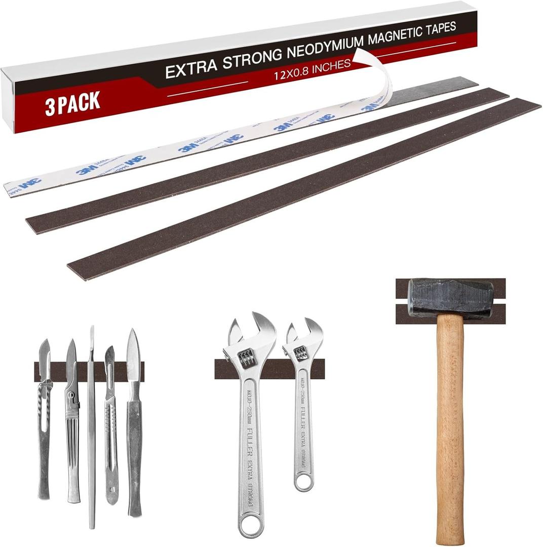 Extra Strong Flexible Magnetic Tape 12 X 0.8"(3 Pieces),40 Mil Neodymium Strips of Magnet with Sticky Adhesive Backing, Really Very Strong Magnets,Super NdFeB Magnet Tapes Mounting Tools and DIY