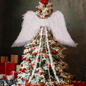25 x 43 Inches Christmas Angel Shaped Large Wing Ornament Christmas Tree Angel Feather Wings with Feather Ribbon and Long Pearl Chains Hanging Decor Xmas Tree Topper for Xmas Holiday