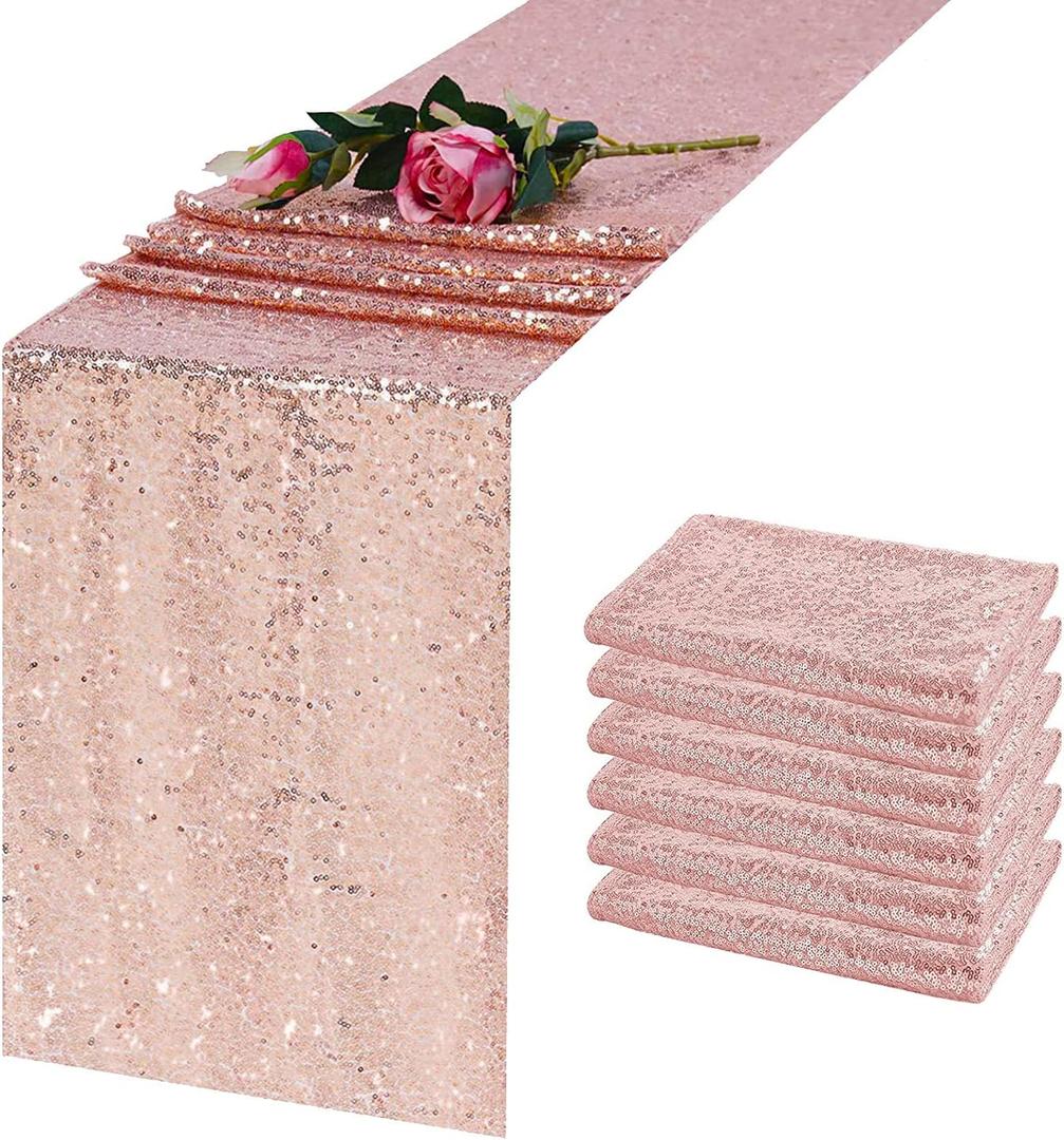 6 Pack Rose Gold Sequin Table Runner 12 x 108 Inch, High Density Sparkly Glitter Table Runners for Wedding Reception, Birthday Party, Baby Shower, Shimmering Pink Decor