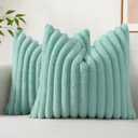 decorUhome Cozy Faux Fur Spring Throw Pillow Covers 16x16 Set of 2 Decorative Soft Plush Striped Modern Farmhouse Boho Couch Pillow Cases with Velvet Back for Sofa Bed Living Room, Aqua