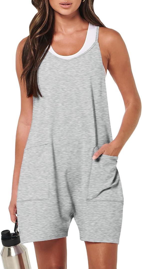 ANRABESS Womens Rompers Summer Casual Loose Sleeveless Overalls Spaghetti Strap Shorts Jumpsuit 2025 Beach Vacation Outfits (Small, Light Grey)