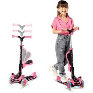 3 Wheel Scooter for Kids with Foldable Seat, Adjustable Handlebar Height, Lean-to-Steer Ride On Toy for Kids Ages 2+, Light-Up LED Wheels, Wide Anti Slip Deck, Indoor & Outdoor Use