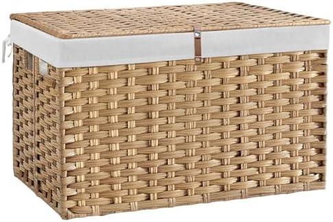 180L Wicker Storage Basket with Lid, Handwoven Rattan Large Shelf Basket with Removable Liner, 47.6 Gallon Wicker Basket for Blanket, Storage Trunk with Handle for Closet, Bedroom, Livingroom, Natural