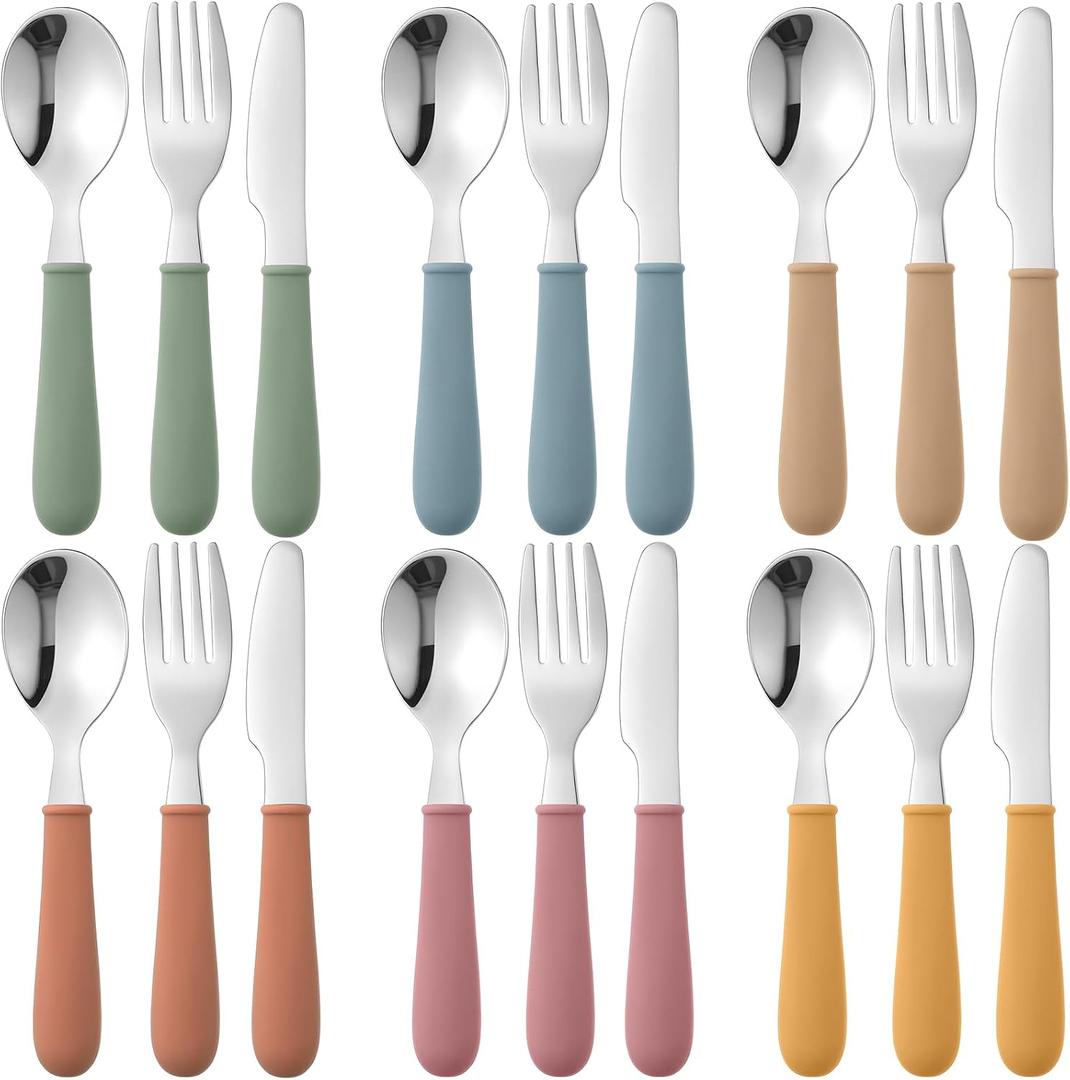 18 Pieces Toddler Utensils Kids Silverware with Silicone Handle Stainless Steel Toddler Fork Spoon Knife Set Children Flatware Set, 6 Colors