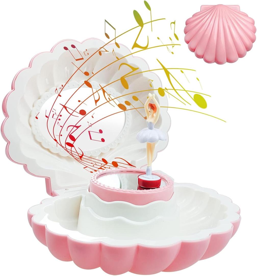 Ballerina Music Box, Pink Shell Music Box with Mirror, Jewellery Melody Box for Birthday, Wedding, Valentine's day