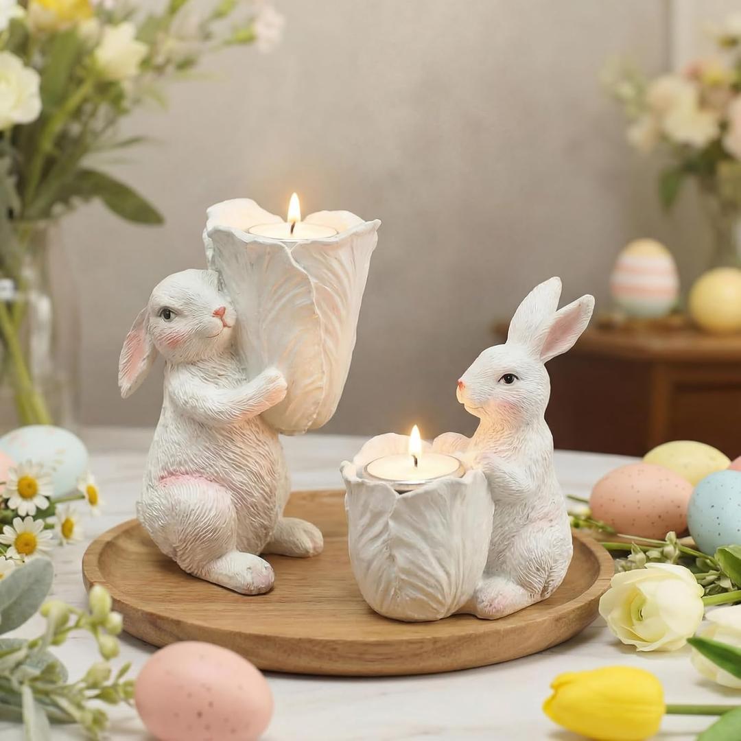 2 Pcs Easter Bunny Candle Holders Decorations Rustic Resin Easter Bunny Candlestick Holders centerpieces Decor for Fireplace Mantle Dining Table Holiday Office Home Gifts