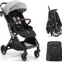 Gromast Gravity Folding Baby Stroller - Portable Travel Toddler Stroller w/Adjustable Backrest, Canopy, Footmuff & Cup Holder, Lightweight and UV Protected, One-Hand Automatic Folding - Light Gray