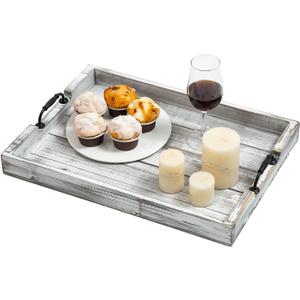Rustic Vintage Big Wood Food Serving Trays with cutout Metal Handles(20 Inches) large Nesting Board Decorative Serving Trays Platter for Breakfast in Bed, Ottoman, Coffee Table, BBQ, Party (Gray white)