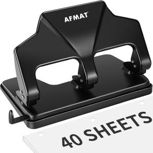 AFMAT 3 Hole Punch Heavy Duty, 40-Sheet Three Hole Punch, 50% Reduced Effort, 3 Hole Puncher for Binder w/Large Chip Tray, 9/32" Holes Diameter, Metal Paper Puncher for Home/Office/School, HP14