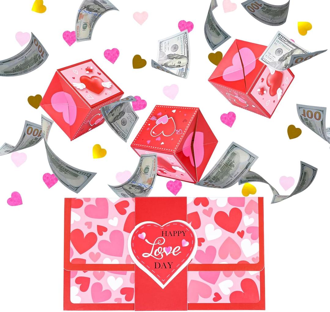 Meiidoshine Valentine's Day Gift Box, Surprise Exploding Money Holder for Cash Gift, Includes 100Pcs Transparent Bags
