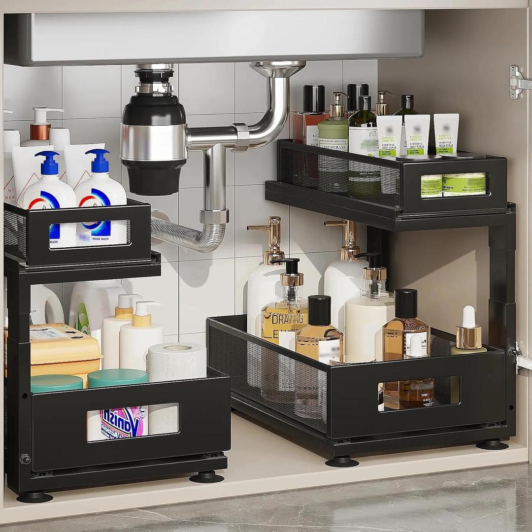 2 Pack Under Sink Organizer with Next-Gen Ball-Bearing Slides,2-Tier Pull Out Cabinet Storage, Height Adjustable Drawer Shelf for Bathroom, Kitchen, Laundry, Cabinet, Pantry(Patent Pending) (2 Pack-15.74"Dx14.4"-16.4"H, Black)