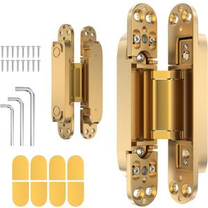 7" 2 pcs Hidden Hinges for Doors Invisible Hinges Concealed Zinc Alloy 180 Degree Swing 3 Way Adjustable Butt Silent Door Hinge 7 x 2.8 x 1 inch (Gold)
