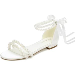 Pearl Flats Bridal Sandals Wedding Flats for Bride Open Toe Beach Wedding Shoes (8, Ivory)