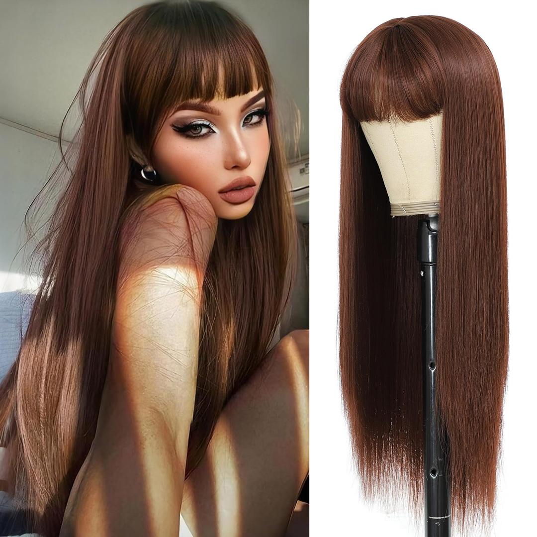 Chocolate Brown Wig with Bangs for Women Heat Resistant Synthetic Wig for Daily Party Use, 24 Inch