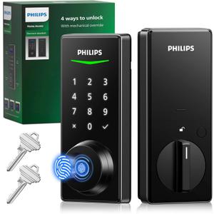 Philips Fingerprint Keyless Entry Door Lock, Electronic Door Lock with Touchscreen, Long-Lasting Battery, Auto Locking, One-Time Code, Keypad Deadbolt, One-Touch Locking, Matte Black