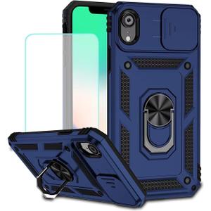 Case for iPhone XR Case with Tempered Glass Screen Protector and Slide Camera Cover, 360 Rotate Ring Stand Magnetic Cover for iPhone XR Blue
