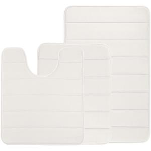 3Pc Bathroom Rug Sets, Non Slip Memory Foam Bath Mat Rug 3 Piece Set, Extra Absorbent Soft Bath Mat Sets, Washable Area Rugs for Bathroom, Toilet(White) (Stripe)