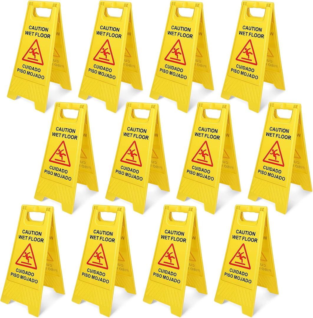 12 Pack Caution Wet Floor Sign, 23.62" Bilingual Double-Sided, Small Signage