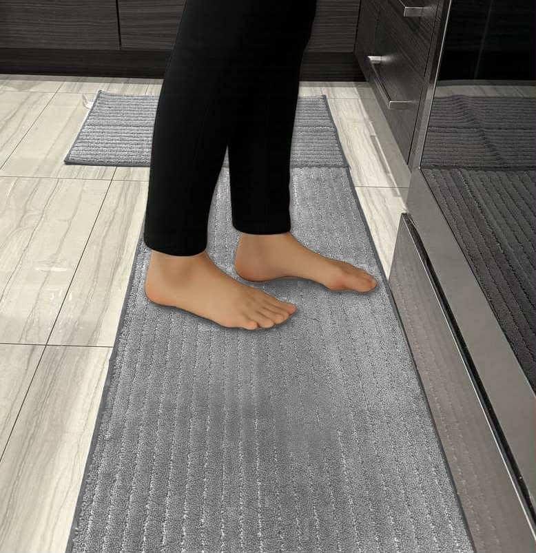Kitchen Rugs Sets of 2 PCS  Kitchen Mats for Floor 20x30/20x48 Inch Non Slip Washable Rug Set, Non Slip Floor Mats Made of 100% Polyester Soft and Anti-Slip Standing Kitchen Runner Rug, Grey